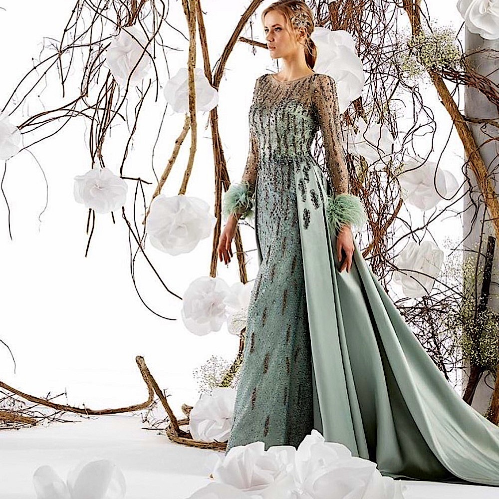 Kenzel pearl & diamond long sleeve feathered gown